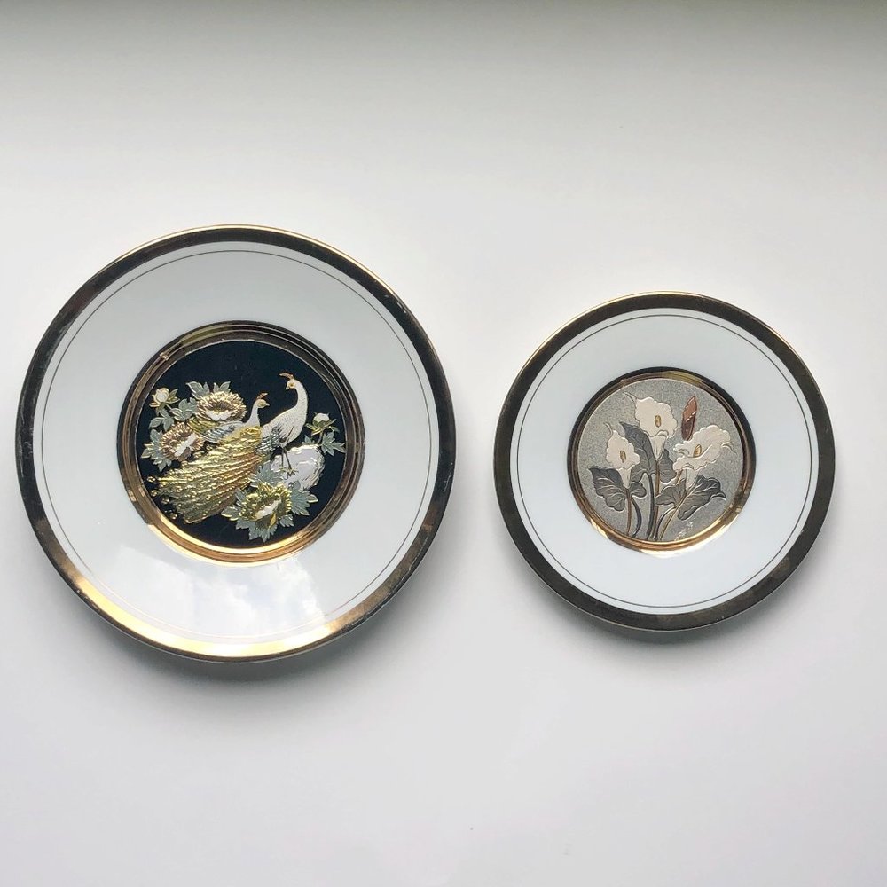 Two The Art of Chokin Gold Trim Japan Textured Wall Art Decor China Plates EUC